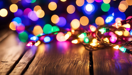 Close up of colorful Christmas lights on a wooden table with a blurred background.
