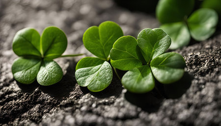 Three clover leaves, green and vibrant, are shown in close-up, highlighting the intricate details of the plant.の写真素材