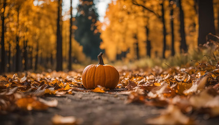 A lone pumpkin sits on a path covered in fallen leaves in a forest during autumn.の写真素材