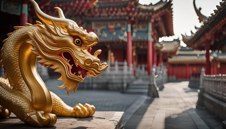 A magnificent golden dragon statue stands proudly in the courtyard of a traditional Chinese temple. The intricate details of the dragon are a testament to the artistry and craftsmanship of ancient Chinese culture.の写真素材