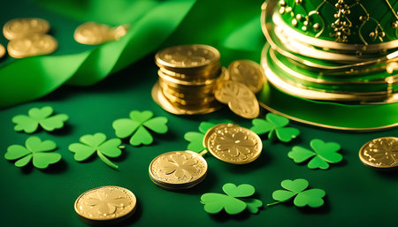 A festive St. Patrick's Day scene with golden coins and shamrock decorations. The image celebrates Irish culture and tradition with symbols of good luck and fortune.の写真素材