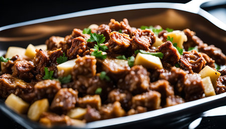 A delicious dish of meat and potatoes, beautifully arranged in a serving pan. The meat is cooked to perfection and the potatoes are soft and fluffy. This dish is perfect for a hearty meal or a satisfying snack.の写真素材