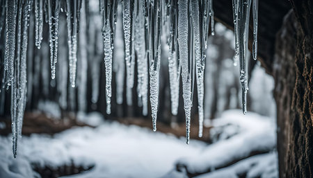 A close up of many icicles hanging from a tree branch in winter.の写真素材