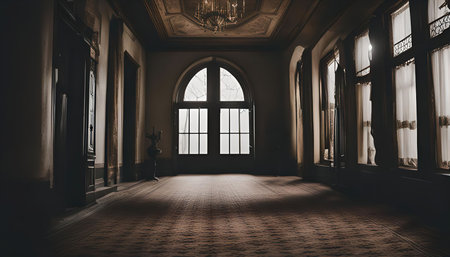 The interior of an old mansion with large windows looking out into the distanceの写真素材