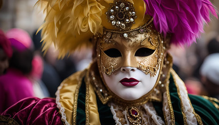 A close-up shot of a person wearing a traditional Venetian carnival mask. The mask is ornate and golden, with intricate details and feathers. The mask conceals the wearer's identity, adding to the mystery and intrigue of the carnival.の写真素材