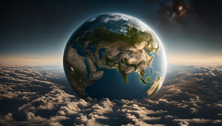 A stunning image of Earth viewed from space, showing the planet's beauty and fragility against a backdrop of clouds and stars.の写真素材