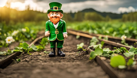 A close-up of a leprechaun figurine standing on a path in a lush green forest setting. The leprechaun is wearing a green hat, coat, and trousers. The path is lined with green grass and leaves and leads toward a small forest clearing.の写真素材