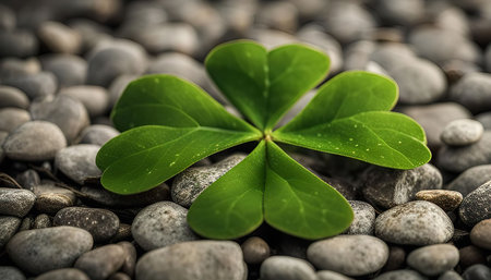 A close-up shot of a four leaf clover resting on a bed of smooth, gray pebbles, capturing the green plant's delicate beauty and symbolizing good luck and hope.の写真素材