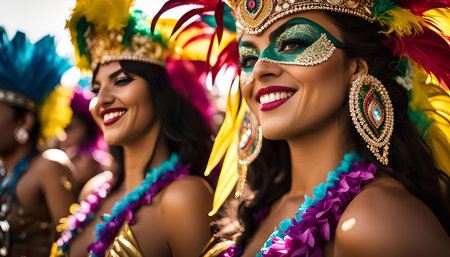 Two women in beautiful carnival costumes smiling and celebrating, showcasing the vibrant energy and joy of a carnival parade.の写真素材