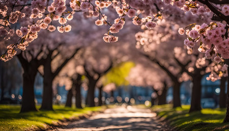 A view through a tunnel of cherry blossom trees, the pink flowers create a delicate and vibrant display against the green grass and the path beneath.の写真素材