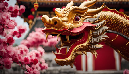 A detailed image of a golden dragon statue with red accents, showing its intricate details and powerful presenceの写真素材