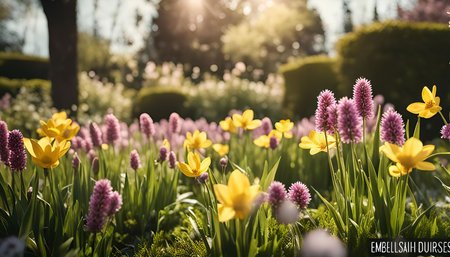 Close-up of blooming yellow and purple flowers in a lush meadow, sunlight dappling through the greenery.の写真素材