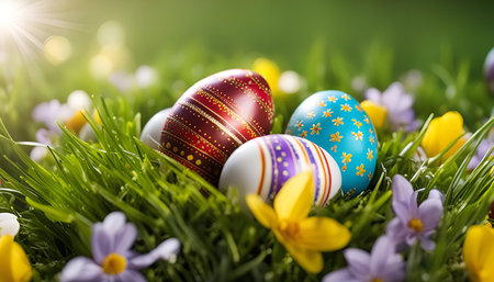 A closeup image of colorful Easter eggs nestled in a bed of green grass with vibrant purple and...