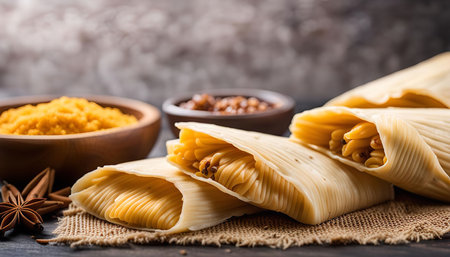 Close-up shot of pasta envelopes, a tasty and colorful dish. The pasta is arranged on a rustic wooden table and a burlap cloth, ready to be enjoyed.の写真素材