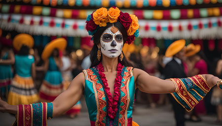 A young woman wearing a traditional Mexican dress, showcasing a colorful and detailed costume, with intricate makeup of a sugar skull, signifying the Day of the Dead celebration.の写真素材