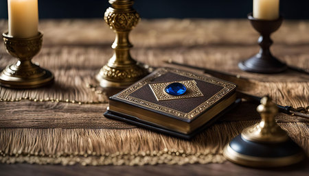 An ornately decorated book, closed and adorned with a jewel, sits on a table with two lit candles. The atmosphere is one of mystery and faith.の写真素材