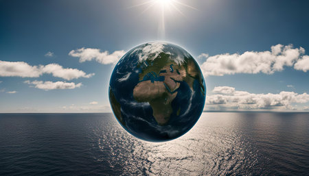 A 3D render of the Earth floating over the ocean with a bright sun shining above and white clouds.の写真素材