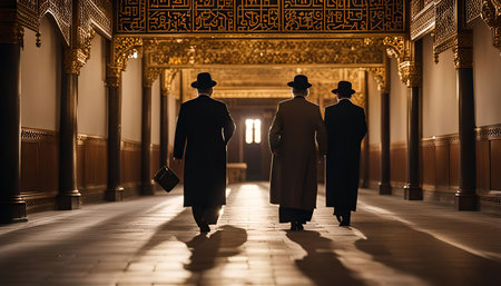 Three men wearing hats walk down an ornate hallway with golden details on the ceiling and walls.