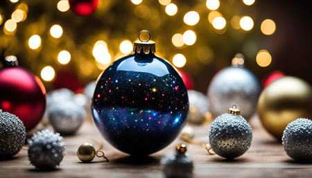 A close-up of a blue Christmas ornament with a sparkling effect, set against a backdrop of blurry lights. The ornament is surrounded by other ornaments and a wooden surface.の写真素材