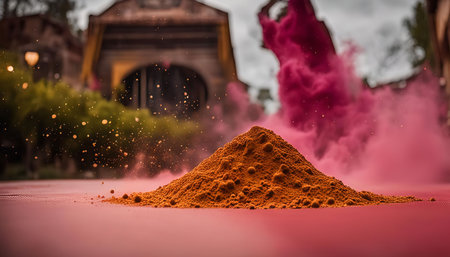 Close-up photo of a pile of turmeric powder with pink smoke in the background, focus on turmericの写真素材