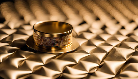 A golden cup sits on a geometric, shiny surface with a soft, warm background.の写真素材