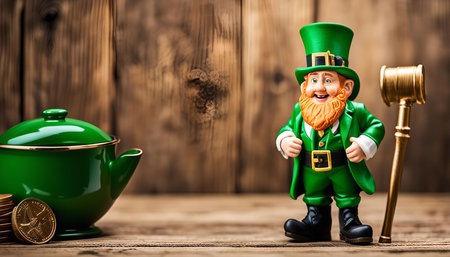 A Leprechaun figurine with a pot of gold and a gavel, a symbol of Irish luck and folklore, celebrated on St. Patrick's Day.の写真素材
