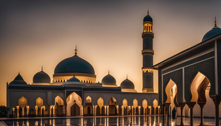 A majestic mosque bathed in the warm glow of sunset, showing intricate details and architectural splendor.の写真素材