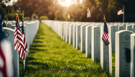 Rows of white headstones in a cemetery are adorned with American flags, creating a powerful visual representation of patriotism and remembrance.の写真素材