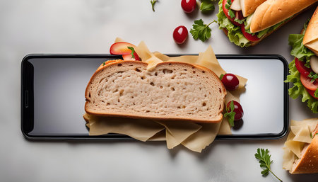 A sandwich lies on a phone screen, a flatlay shot with various ingredients and a white background.の写真素材