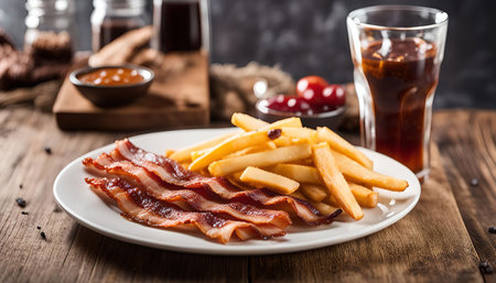 A close-up shot of a plate of bacon and fries with a glass of soda on a wooden table. The food is arranged on a white plate and appears to be freshly cooked. The image is taken from a high angle and shows the food in a very appetizing way.の写真素材