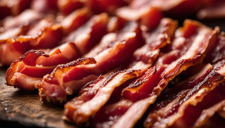 A close-up shot of bacon, capturing its golden brown color and appealing texture.の写真素材