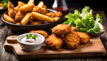 A plate of crispy chicken nuggets and french fries with a side of dip on a wooden cutting board.の写真素材