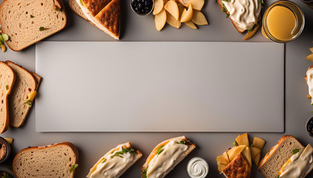 A flat lay of delicious sandwiches with cream cheese, fruit, and toasted bread, perfect for any meal.の写真素材