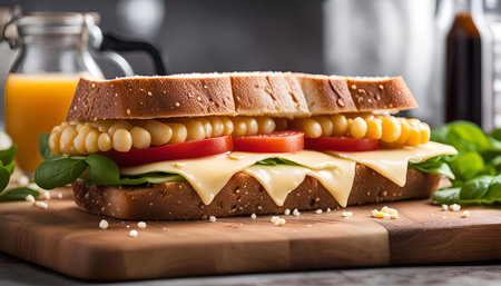 A close-up shot of a grilled cheese sandwich with corn and tomato, served on a wooden board.の写真素材