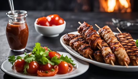 Grilled chicken skewers with tomato salad and a side of sauce.の写真素材