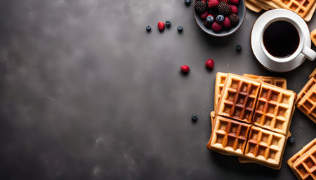 A delectable spread of golden waffles, accompanied by a bowl of fresh berries and a steaming cup of coffee, perfect for a delightful breakfast.の写真素材