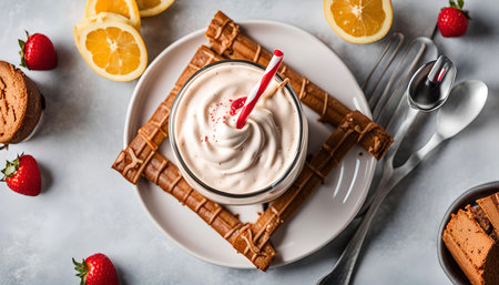 A delicious strawberry milkshake topped with whipped cream and cinnamon sticks. The milkshake is served in a glass with a straw. The image is taken from a top view and shows the milkshake on a white plate with cinnamon sticks.の写真素材