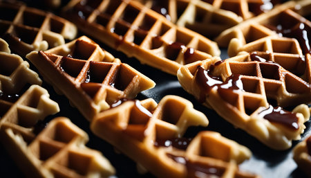 Close-up shot of freshly made waffles drizzled with rich chocolate sauce, highlighting the crispy texture and the appetizing look.の写真素材
