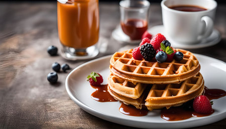A close-up shot of delicious waffles topped with fresh berries and drizzled with caramel sauce. The waffles are golden brown and the berries add a pop of color. The image makes you crave a sweet treat.の写真素材