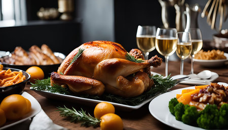 A roasted turkey centerpiece of a Thanksgiving dinner tableの写真素材