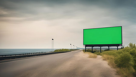 A green billboard stands alone on the side of a coastal highway, offering a blank canvas for advertising. The road stretches ahead, inviting drivers to explore the scenic coastline.の写真素材