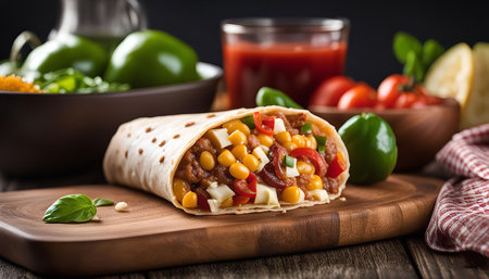 A close up of a delicious burrito filled with corn, red peppers, cheese, and meat. The burrito is sitting on a wooden board, and there are other ingredients on the table, such as tomatoes, peppers, and sauce.の写真素材