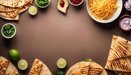A beautiful flat lay image of fresh, delicious quesadillas with a variety of toppings and fresh...