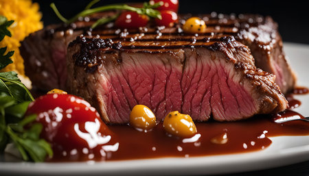 A close-up of a grilled steak on a white plate with red and yellow vegetables, drizzled with sauceの写真素材