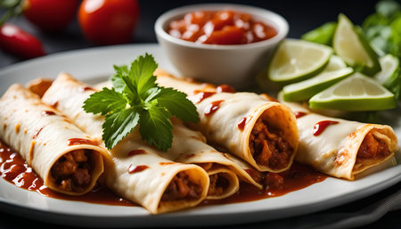 Close-up shot of enchiladas, a popular Mexican dish, served on a white plate with chili sauce and lime slices. The enchiladas are filled with savory meat and cheese, and topped with a rich chili sauce.の写真素材