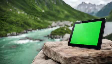 A tablet with a green screen sits on a wooden surface in a scenic mountain landscape with a river flowing through it.の写真素材