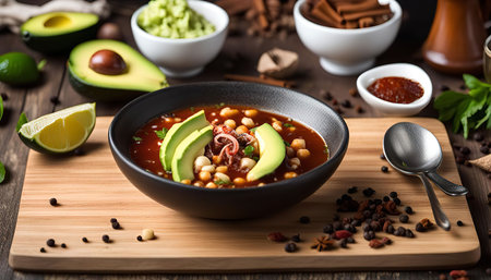 A close up of a bowl of spicy seafood soup with avocado and chickpeas, on a wooden table. The soup is red and has a creamy texture. The avocado is sliced and is on top of the soup. The soup is served in a black bowl.の写真素材