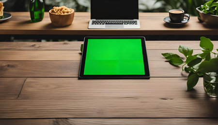 A green screen tablet on a wooden table. The tablet is in the center of the image, and there is a laptop, a cup of coffee, and a plant in the background.の写真素材