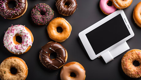 A flat lay image of various donuts with different toppings, arranged around a white tablet on a dark background.の写真素材