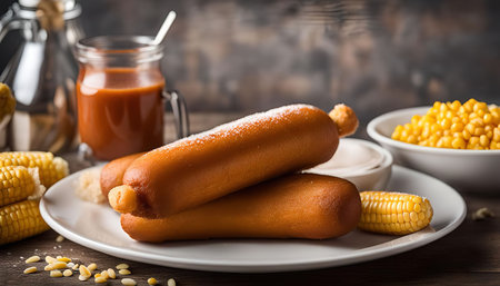 A close-up view of a plate of corn dogs with a glass of syrup, corn on the cob, and a bowl of corn kernels in the background.の写真素材